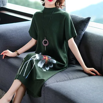 

Three-dimensional embroidery knit dress summer and autumn new loose over the knee long women's half-high collar dress