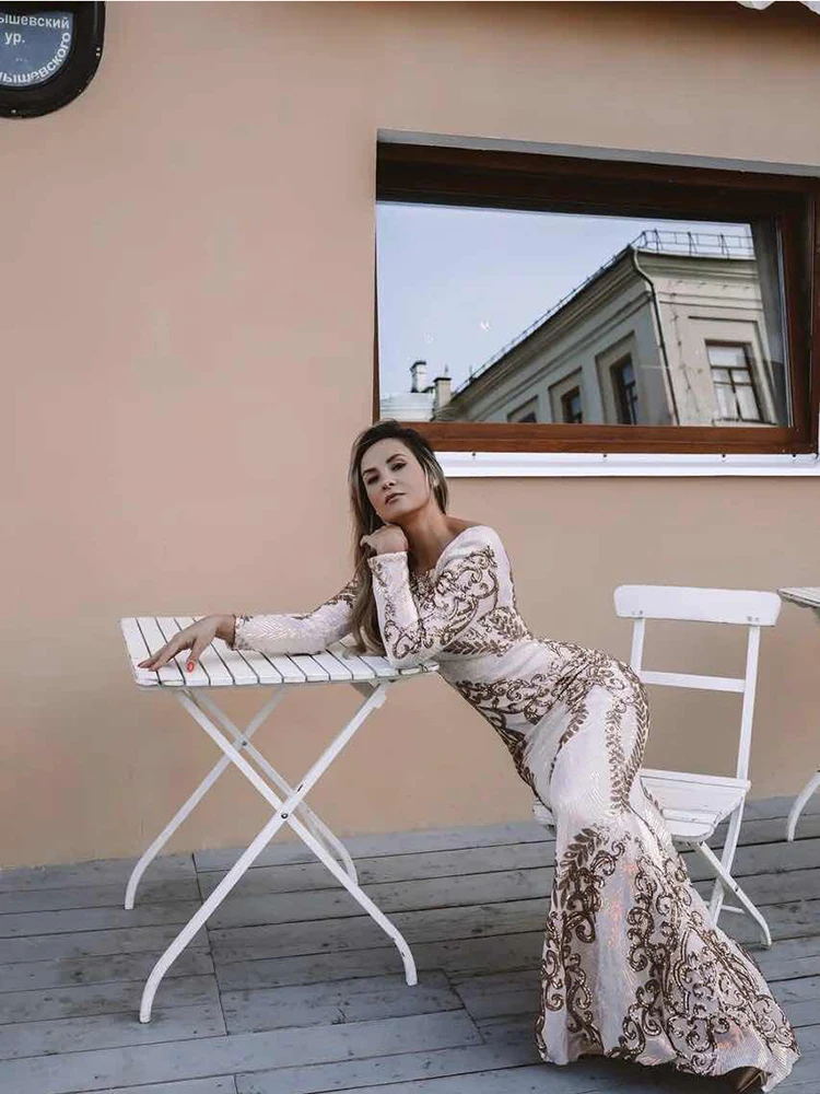 O-neck Long-Sleeve Shinning Sequins Evening Dresses Sexy Backless Mermaid Party Gowns Maxi Elegant Multi Female Robes vestidos