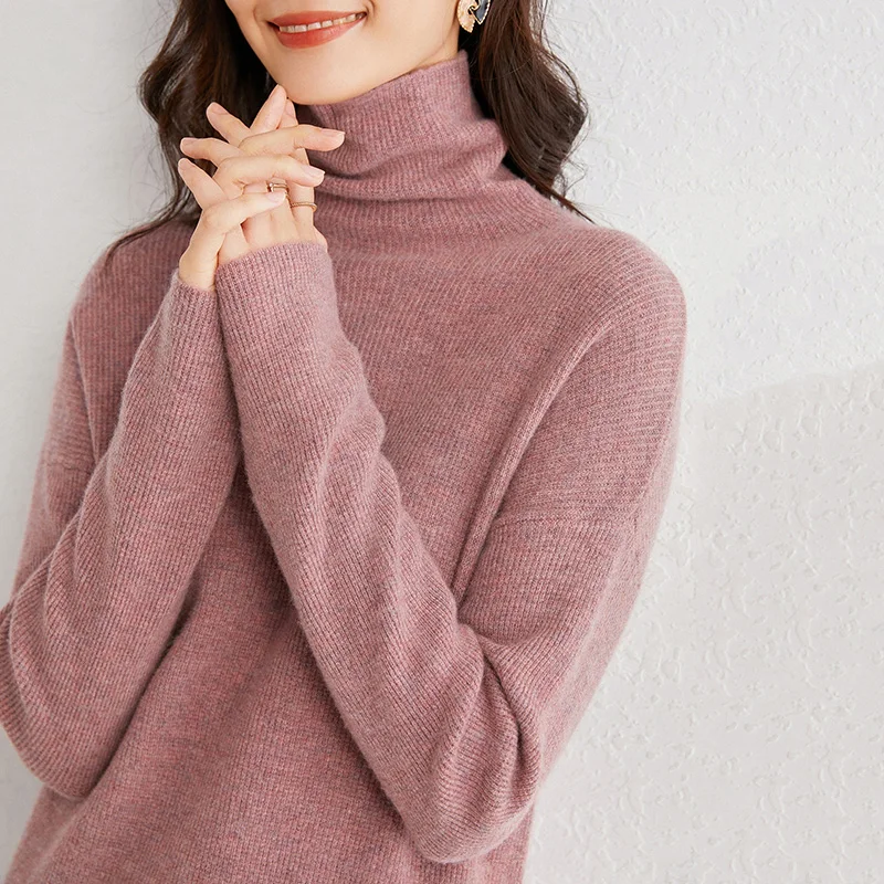 2020  Women  Cashmere Knit Dress  Turtleneck Slim