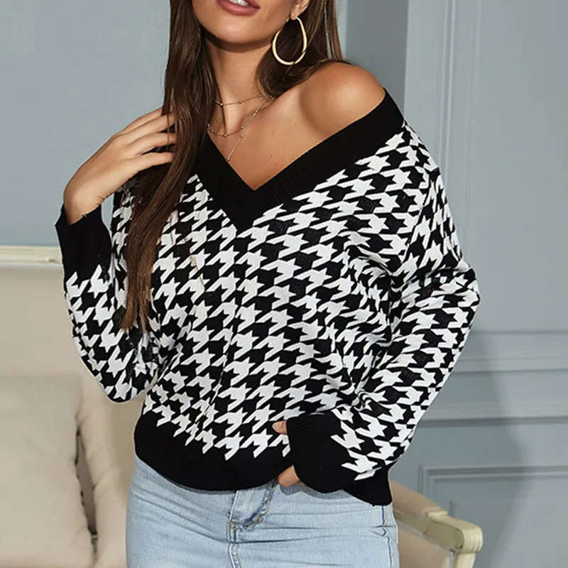 christmas sweaters Sexy Knitted Women Houndstooth Sweater Elegant Deep V-Neck Long Sleeve Warm Pullovers Female 2021 Autumn Lady Causal Knit Jumper ladies cardigans Sweaters