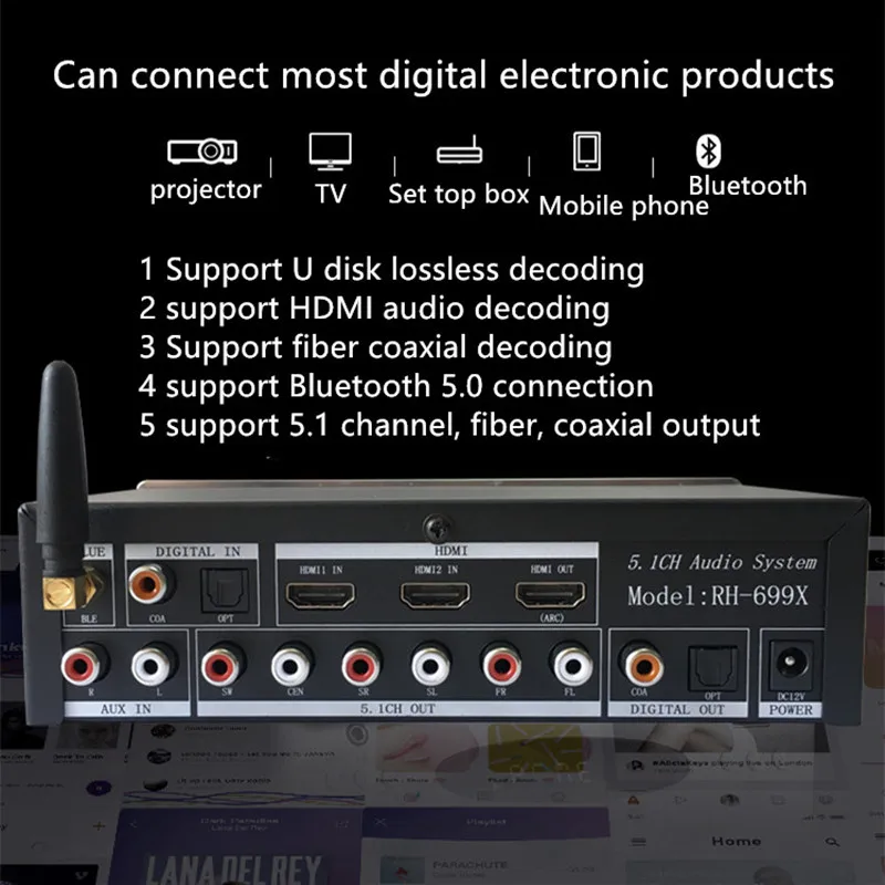 5.1CH аудио-декодер HDMI аудио dts dolby AC3 декодер U диск без потерь плеер Bluetooth волоконный коаксиальный выход RH-699X