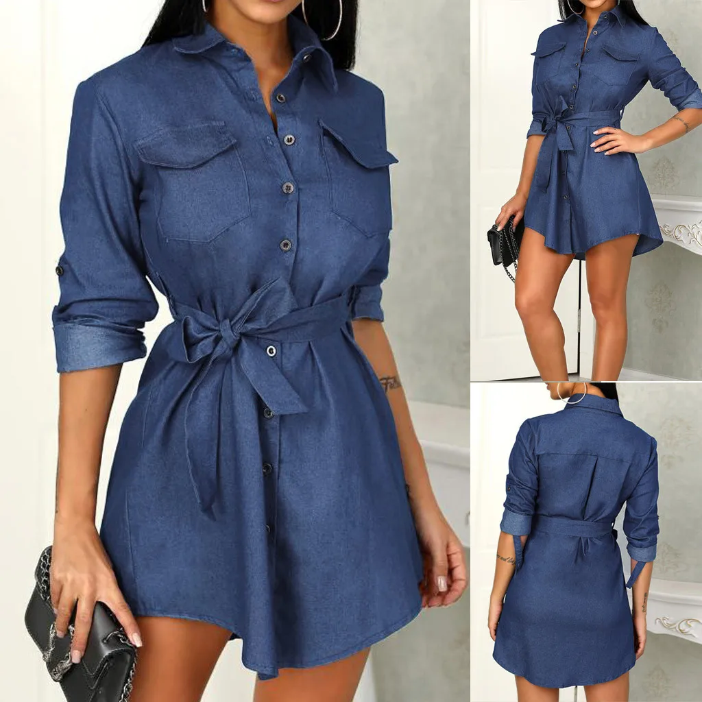 

New Arrived Denim Dress sukienka Women Solid Turn Down Neck Long Sleeve Buttons Bow Belted Denim Shirt Mini Dress vestidos #C8