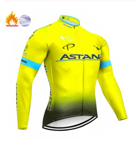 Fleece long sleeve Ciclismo Jerseys fluorescent green ASTANA winter clothing polar cycling uniform warm long-sleeved bicycle clothing bicclet - Цвет: Fleece long sleeve