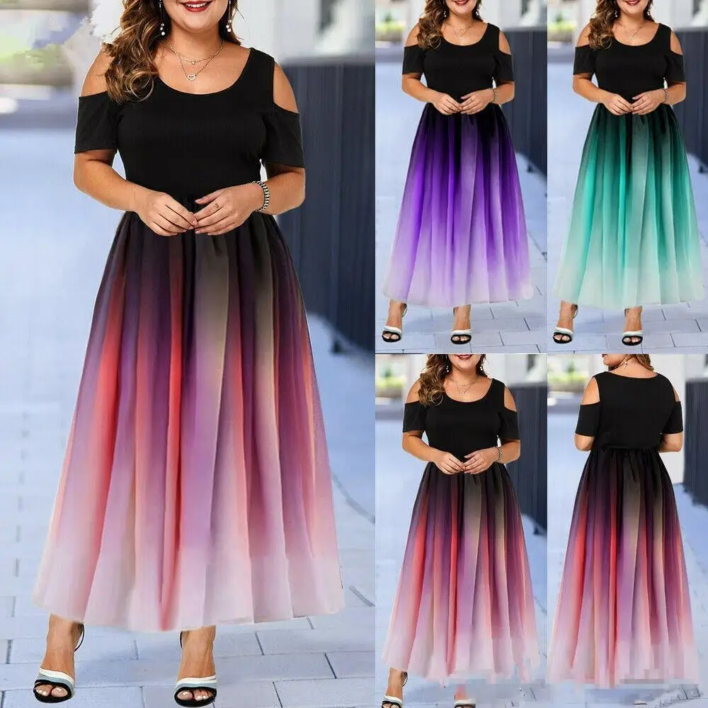 

Plus Size Women Cold Shoulder Chiffon Dress Vintage Round Neck Hollow Gradient Maxi Dress Autumn Bohemian A-Line Dress