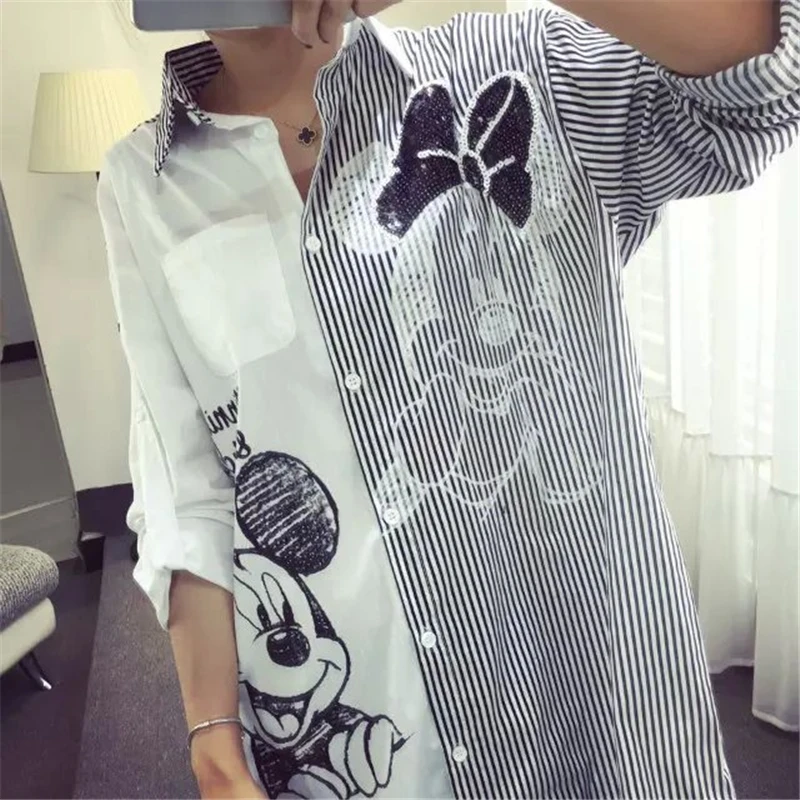 Mickey Mouse Blouses Women Shirt Chemise Femme Cartoon Long Sleeve Blusas Casual Loose Fashion Striped Stitching Shirts Female