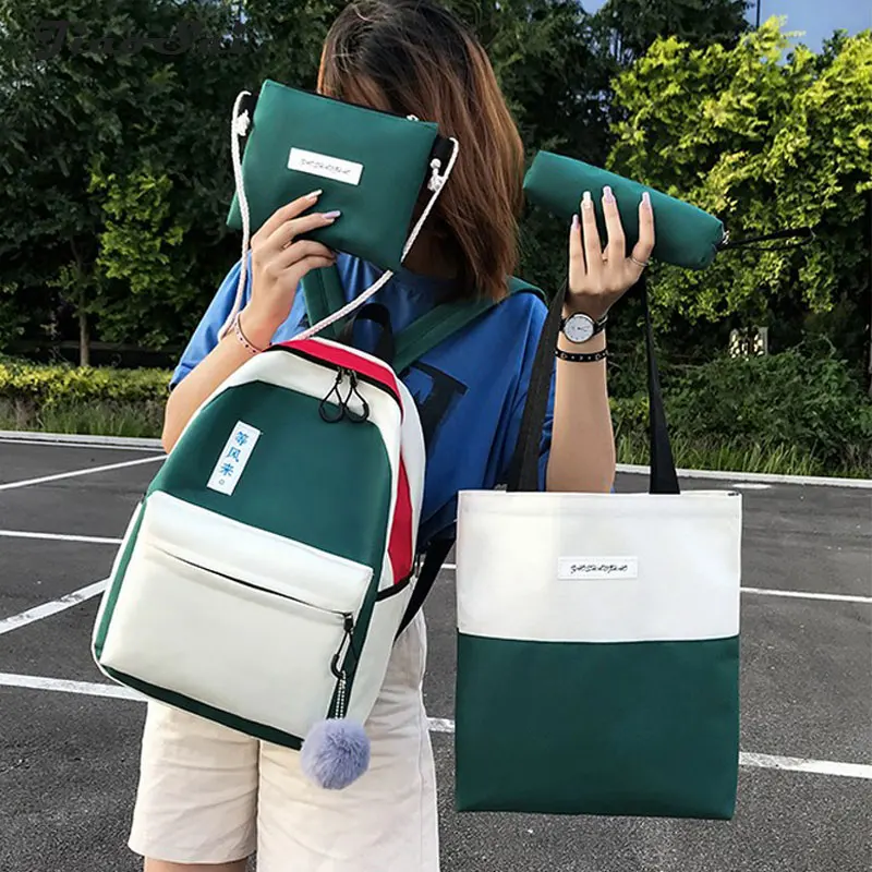 

Fashion 4pcs Women Canvas Causal School Bag Girls Backpack Travel Rucksack Shoulder Bags Female student bags Pen Bags 2019