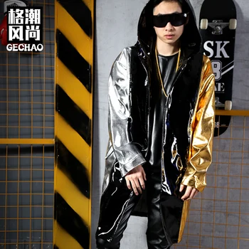 

New costumes PU contrast color stitching leather jacket stage singer DJDS hip hop street dance clothes