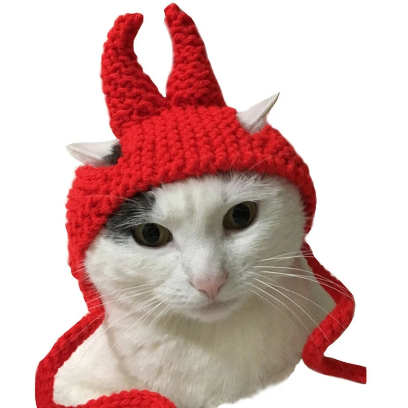Красный головной убор для питомца кота, шапка в форме маленького дьявола, вязаная шапка милой формы, праздничная шапка для питомца N1 - Цвет: YJ0365R