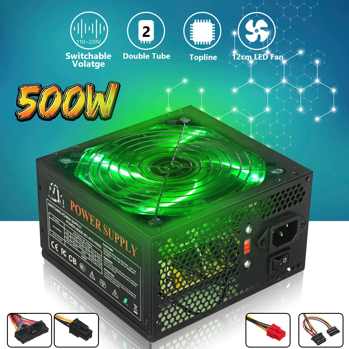 Макс 500 Вт источник питания 120 мм светодиодный вентилятор 24 Pin PCI SATA ATX 12V PC