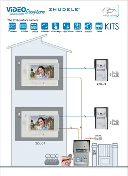 

ZHUDELE New Arrival 7 Inch Video Door Phone Intercom System Doorbell for 2 apartments CCD Camera ID Card unlocking 1v2