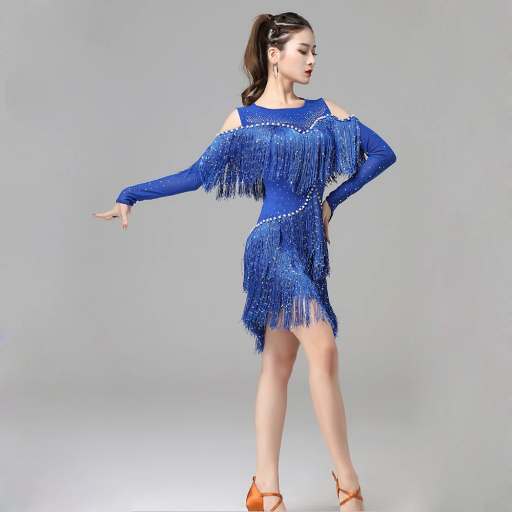 Sexy One-Piece Latin Dance Dresses Off Shoulder Gilrs Salsa Samba Sling  Stretchy Dress Long Sleeves Fringes Competition Costume - AliExpress  200000532
