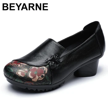 

BEYARNE Spring Autumn National Style Women Pumps Flower Printing Round Toe Genuine Leather Women Chunky Heel Shoes Plus Size 41