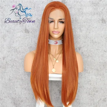 

BeautyTown Brown Red Big Lace Free Part Futura Heat Resistant No Tangle Daily Wedding Makeup Layer Synthetic Lace Front Wig
