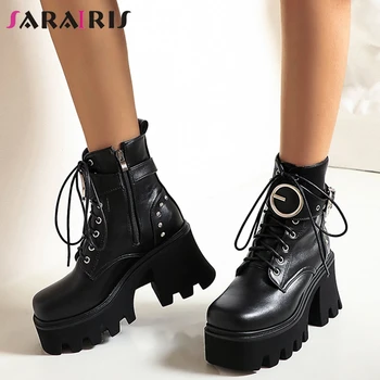 

SaraIris Buckle Rivet Lace Up Solid Boots Women Brand Designer Boots Ladies Platform Lace Up High Heels Winter Shoes