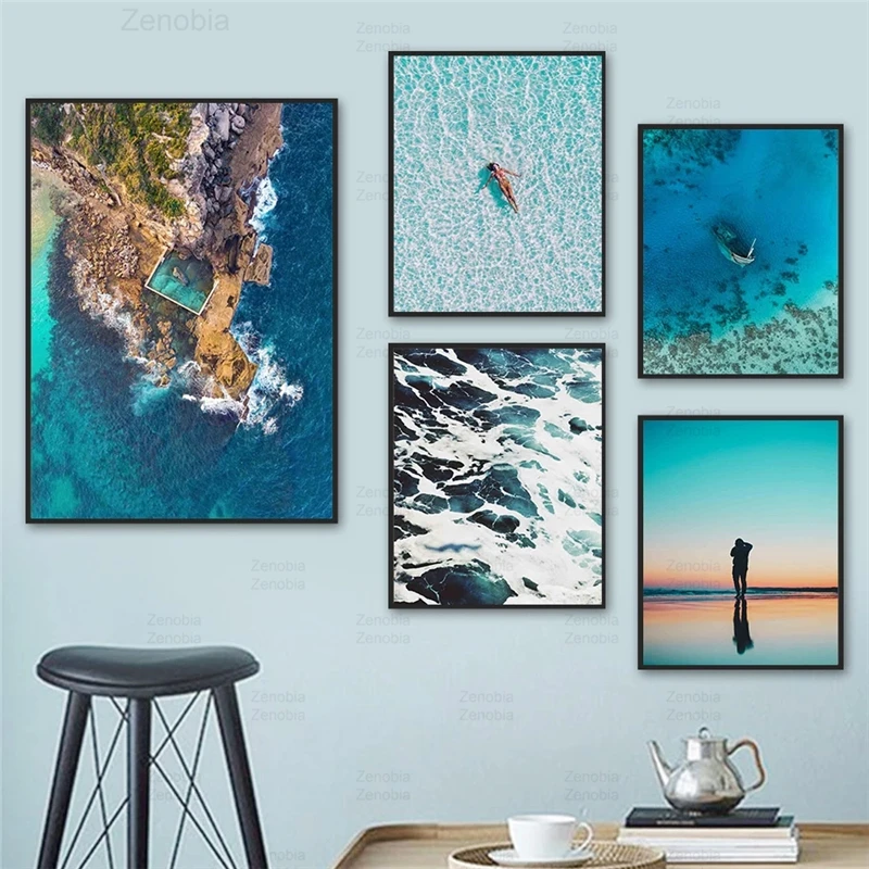 

Aerial View Wall Art Canvas Painting Sky Sea Wave Beach Reef Mountain Modular Blue Posters and Prints Picture for Interior Decor