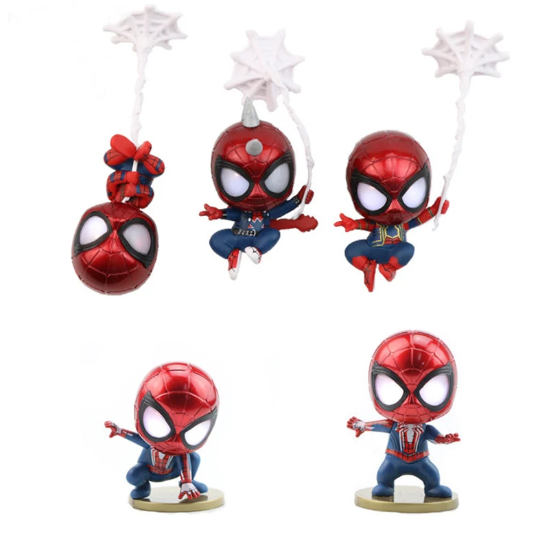 

5pcs/set Q Version Cosbaby Marvel Spider Man Action Figure Car Home Decoration With Light Mini PVC Model Toys