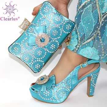 

Super High Heels Italian Ladies High Quality Shoes and Nice Bag to Match New in Sky Blue Color with Butterfly Knot Sandals