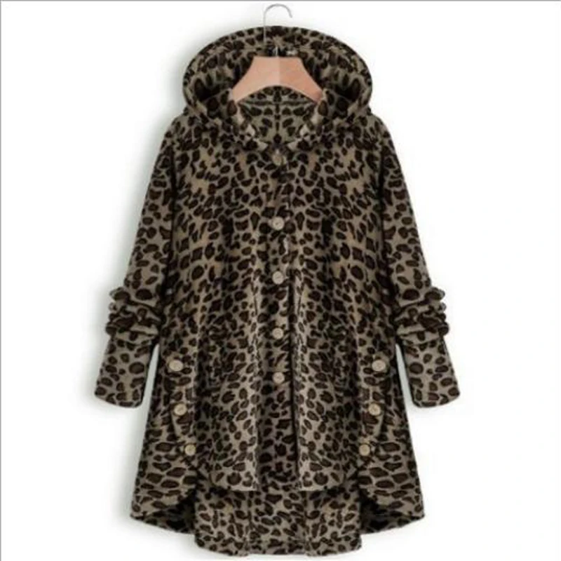 Модная женская повседневная меховая куртка леопардовая куртка кардиган на пуговицах с капюшоном с длинным рукавом теплая куртка Верхняя одежда Пальто