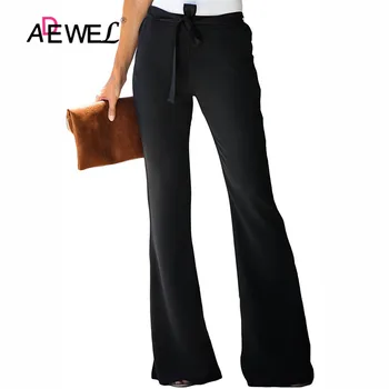 

ADEWEL Plus Size Flared Pants New Casual Retro Women Solid High Waist Flare Wide Leg Chic Trousers Slim Long Loose Pants Black