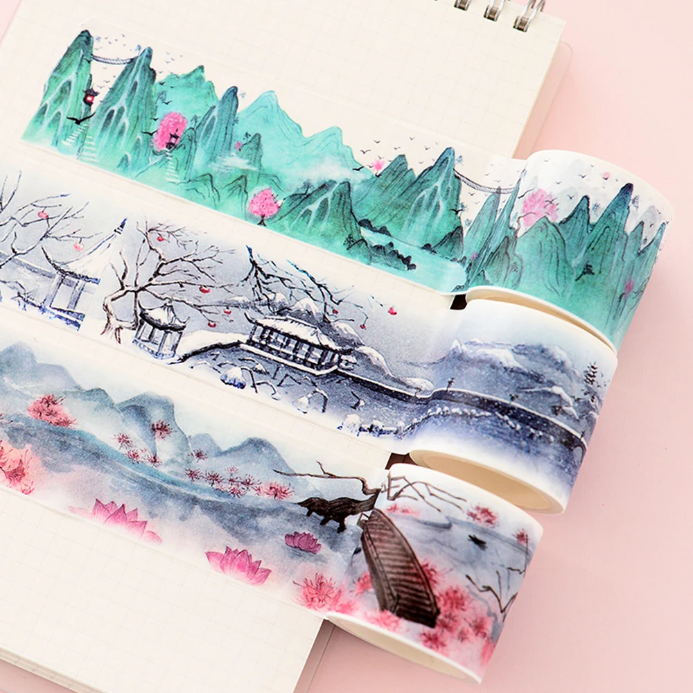 Paisaje chino FLORES PLANTAS Vintage paisaje cinta decorativa Washi DIY planificador de álbum de recortes diario cinta adhesiva