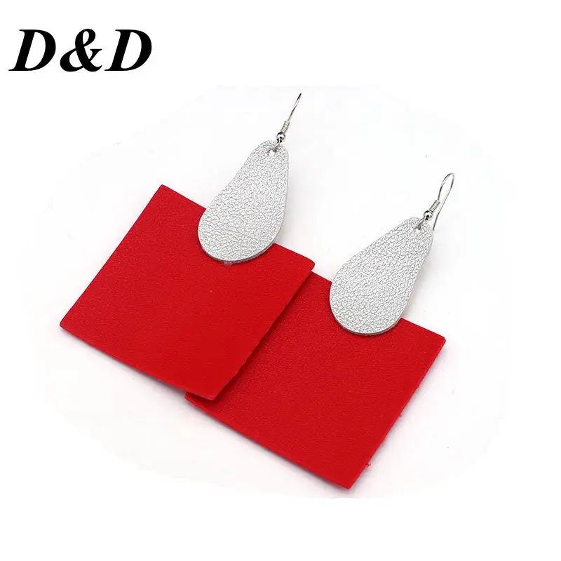 

D&D Fashion Big Squares And Irregular Geometry Of Stud Earrings PU Leather Fashion Ear Hook Pendant Jewelry