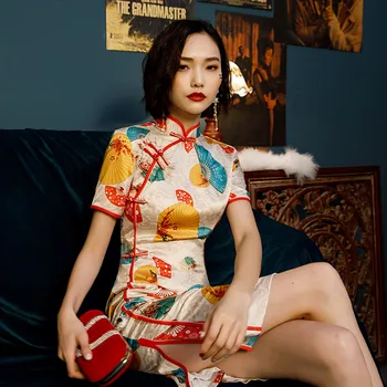 

2020 Summer New Fashion Pattern Chinese Dress Short Qipao Dresses Women Clothing Cheongsam Modern Vestido Chino Mujer Knee Qipao