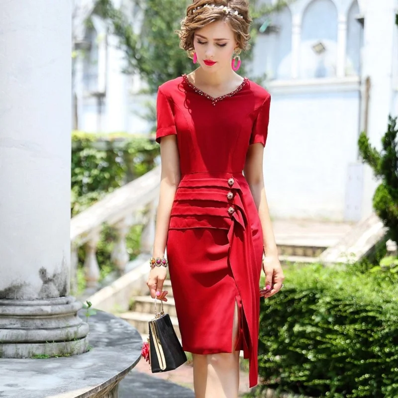 

Office Nail bead dress 2019 new Superior quality Women Sexy novel Party Dress Plus Size Short sleeve asymmetric summer dresses