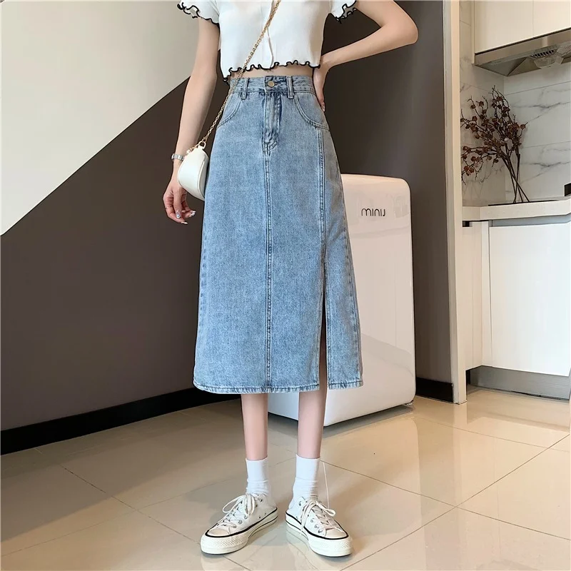 

Denim Skirt Split Ultra-thin High Waist Skirt Female Mid-length Summer A-line Package Hip Step By Step Skirt