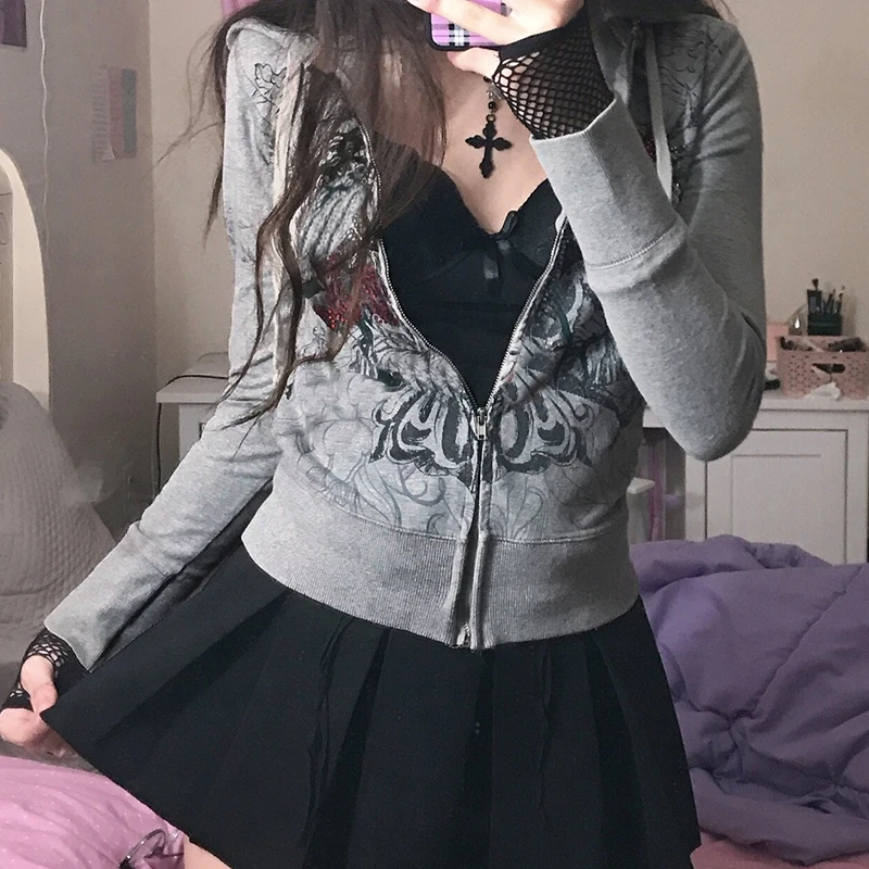 Xingqing винтажная тёмная толстовка с цветочным принтом E-girl панк Толстовка Y2k