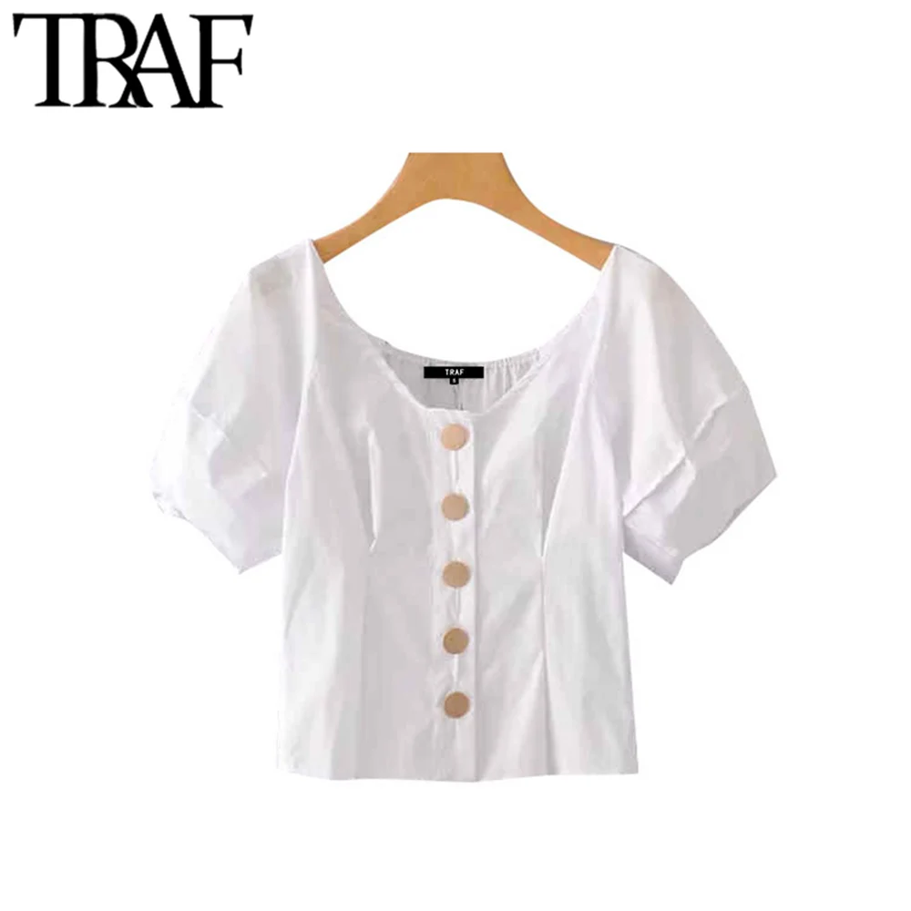 

TRAF Women Sweet Fashion Buttons White Cropped Blouses Vintage V Neck Short Sleeve Female Shirts Blusas Mujer Chic Tops