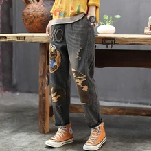 Женские джинсовые штаны, джинсы, низ, большие, свободные, мультфильм, пэчворк, вышивка, Ретро стиль, Ретро стиль, модные, повседневные, для осени, AZ18262620