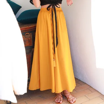 

Casual Bohemian Solid Wide Leg Pants Women Beach Pants Summer Loose Boho Elastic High Waist Trousers Yellow Red Green
