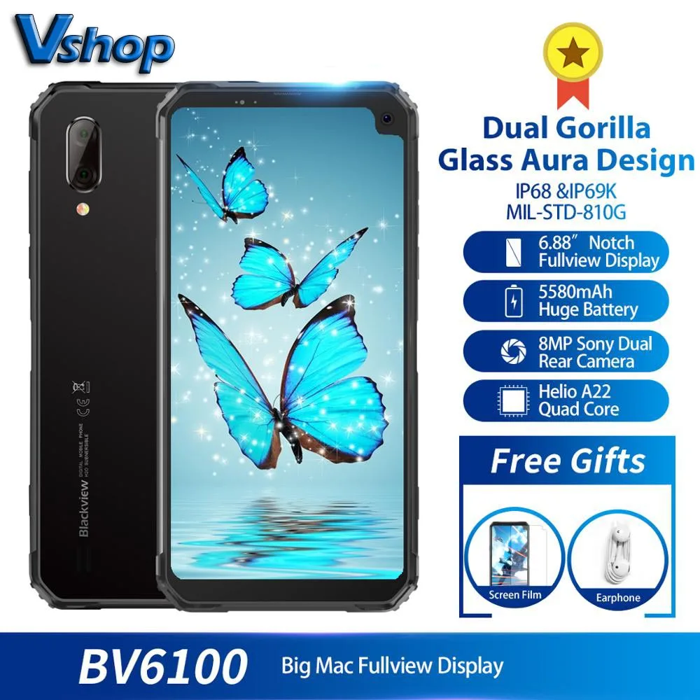 

Blackview BV6100 IP68 3GB+16GB Waterproof Android 9.0 Dual Gorilla 6.88 Screen Cellphone 5580mAh Rugged Smart