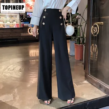 

2020 New Fashion Wide Leg High Waist Loose Pants Commute Solid Color Straight Pant With Buttons And Pockets For Ladies