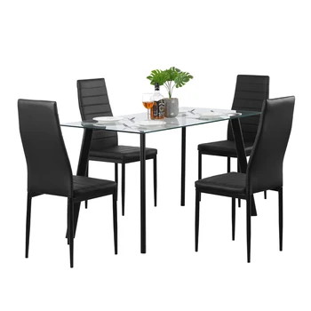 

DA130 Hot 5 Piece Dining Table Set 4 Chairs Glass Metal Kitchen Room Furniture Black