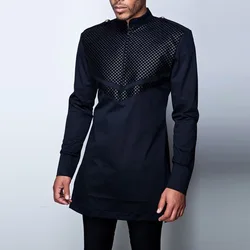 Camisas 2021 camisa masculina africano dashiki manga longa retalhos topo primavera moda meados de comprimento roupas masculinas mais tamanho 4xl preto