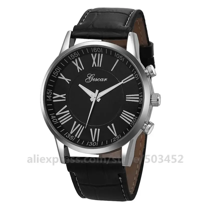 black black 100 шт./лот gescar 8580 римские цифры черные кожаные часы серебряный корпус обертывание кварцевые повседневные наручные часы для мужчин оптом часы - Цвет: black black