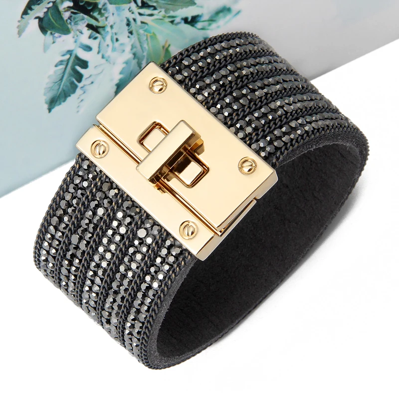 

Leather Bracelet for Women Crystal Circle Charm Wrap Bracelets & Bangles Boho Multilayer Wide Crystal Bracelet Female Jewelry