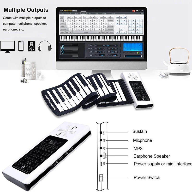 Электрический рулонный пианино портативный складной 61 клавиша электронная музыкальная клавиатура пианино батарея или USB питание с громче динамик