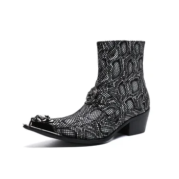 

Men Martin Boots Short Boots High Top Shoes Cow Leather Botlines Snakeskin Printed Fashion Genuine Leather Pointed Toe Ankle Zip