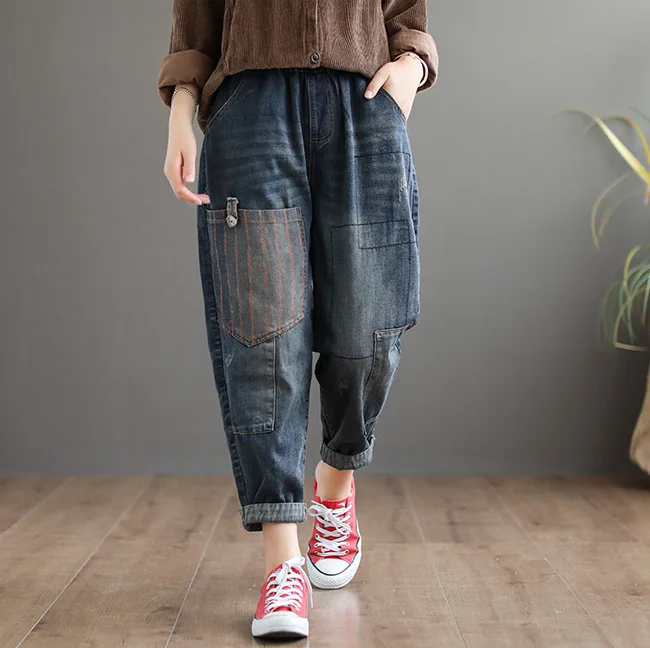 Осенние зимние джинсы женские свободные Ретро повседневные джинсовые брюки женский эластичный пояс карманы поцарапанные винтажные джинсовые брюки
