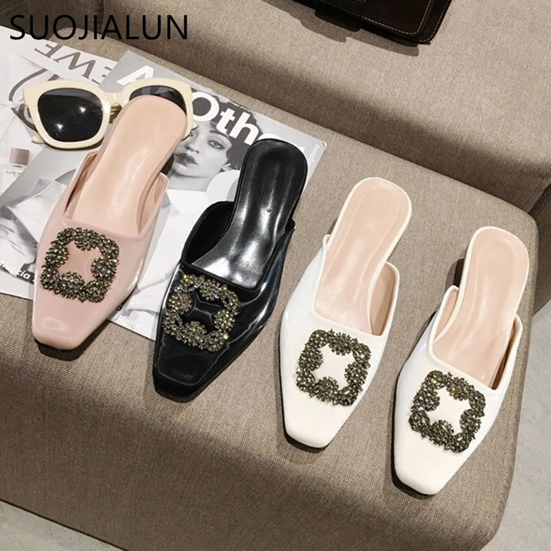 

SUOJIALUN 2020 Summer Fashion Women Crystal Slipper Round Toe Low Heels Outsides Ladies Slides Slip On Brand Beach Mules Shoes