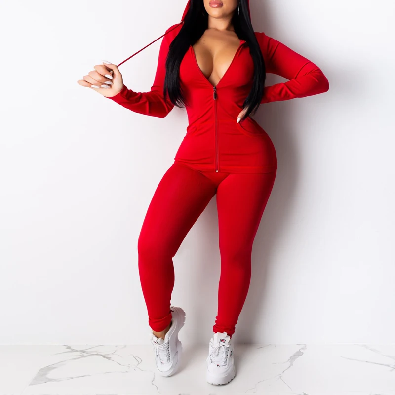 Autumn Women Zipper Up Long Sleeve Hooded Top Pencil Pants Suit Two Piece Set Casual Sporting Tracksuit Neon Green Outfits