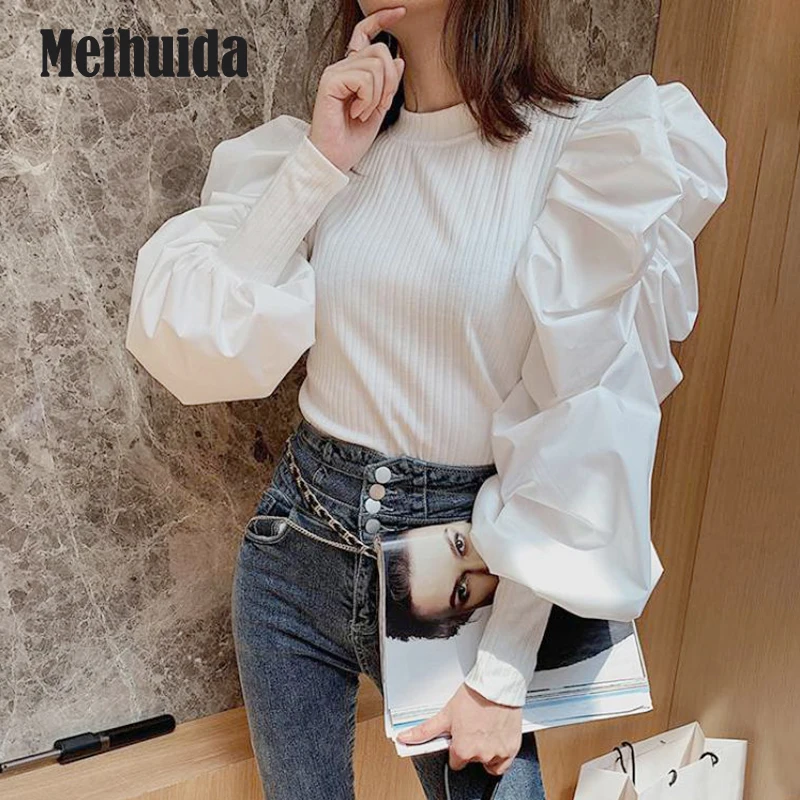 Модная женская блузка с длинным пышным рукавом Женская Повседневная Базовая