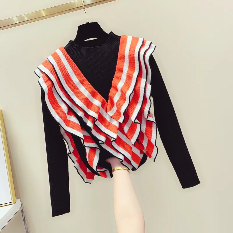 

Ruffles Irregular Striped Stitching Sweater Women's 2020 Autumn Winter New Color Matching Sweaters Lady Warm Knitwear Jumper