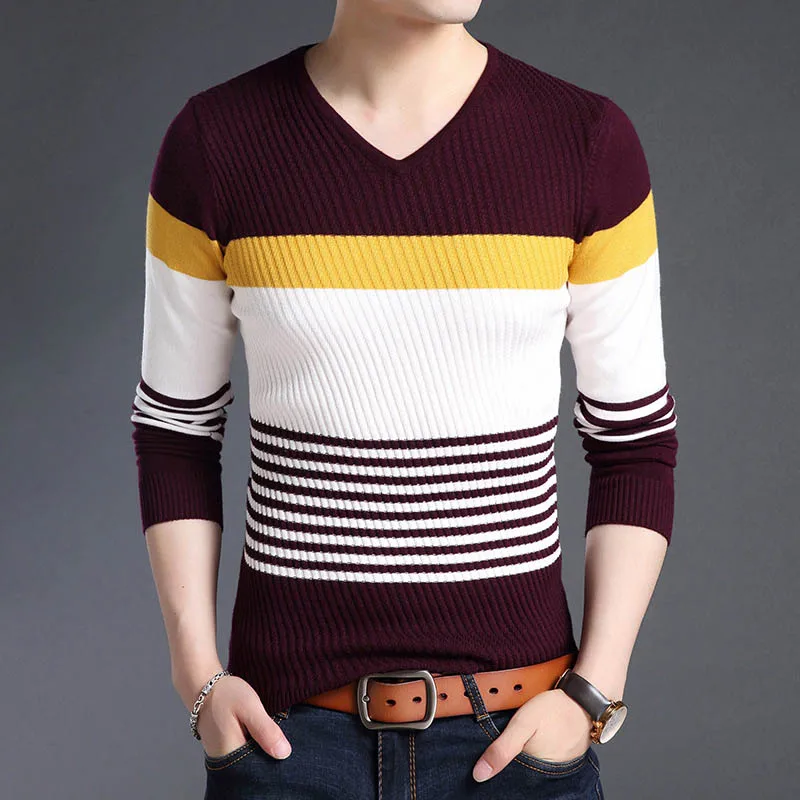 YUSHU осенний модный брендовый Повседневный свитер с v-образным вырезом Slim Fit Мужской свитер в Корейском стиле пуловеры трикотаж - Цвет: Красный