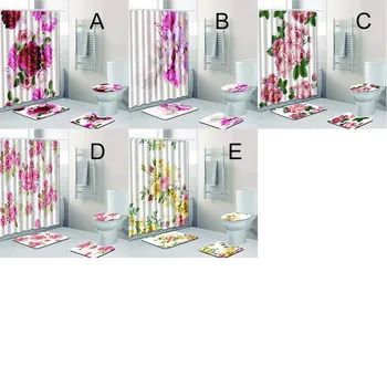 

4PCS Sea Style Non Slip Toilet Polyester Cover Mat Set Bathroom Shower Curtain Bath Mat Accessories Kitchen Carpet #WS