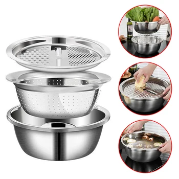 

A Set of 3 Pieces, Stainless Steel Multi-functional Slicing Plate Chopper, Rice Washing Screen Kitchen Supplies