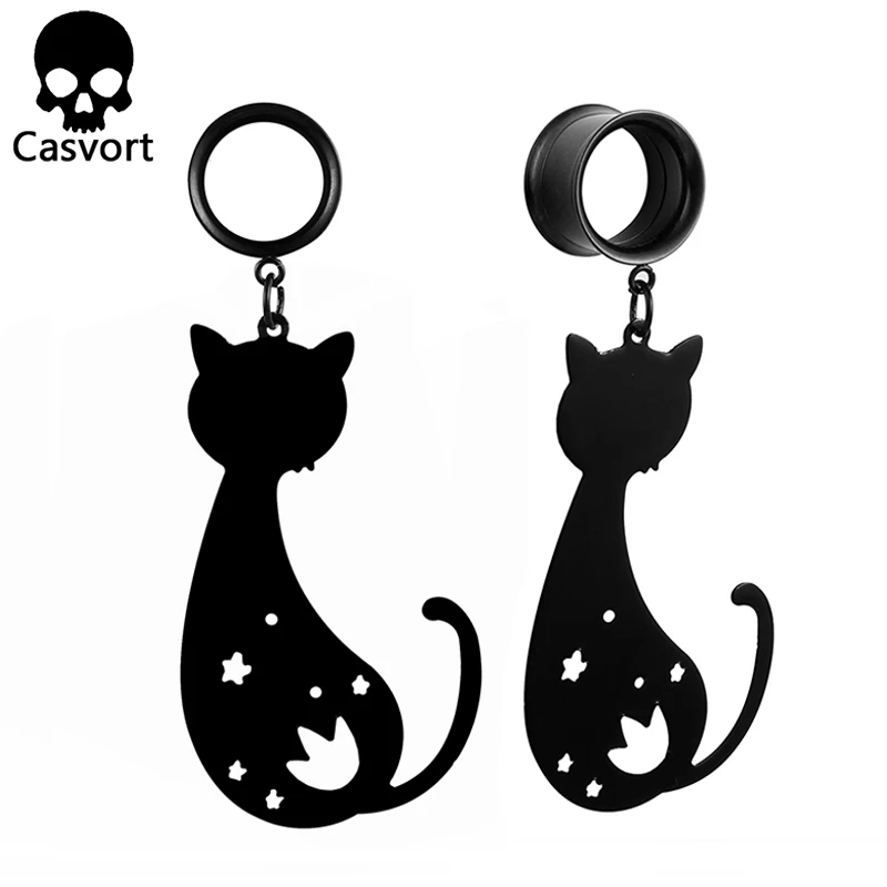 Casvort 2PCS New Cat Dangle Ear Plugs Piercing Body Stainless Steel Gauges Tunnels Stretchers
