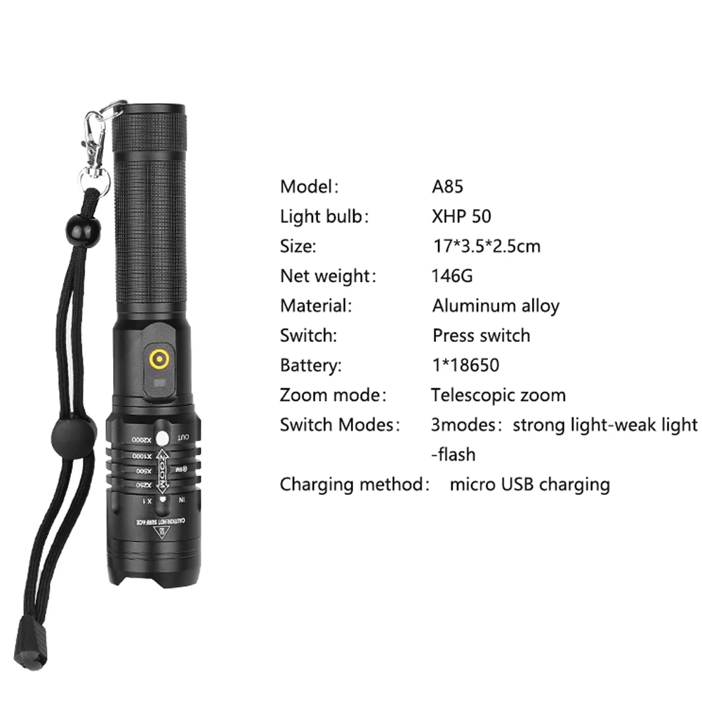65000LM high-power LED flashlight USB Rechargeable Flashlight with 18650 Battery XHP50.2 Super bright flashlight can output